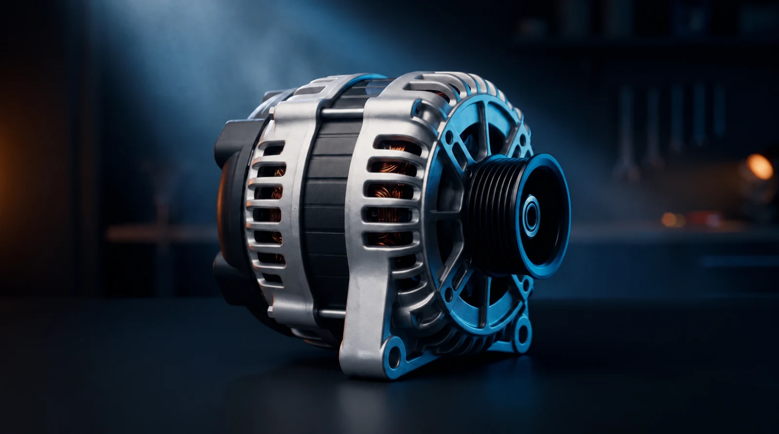 Illustrative alternator, showing its metal housing and belt pulley