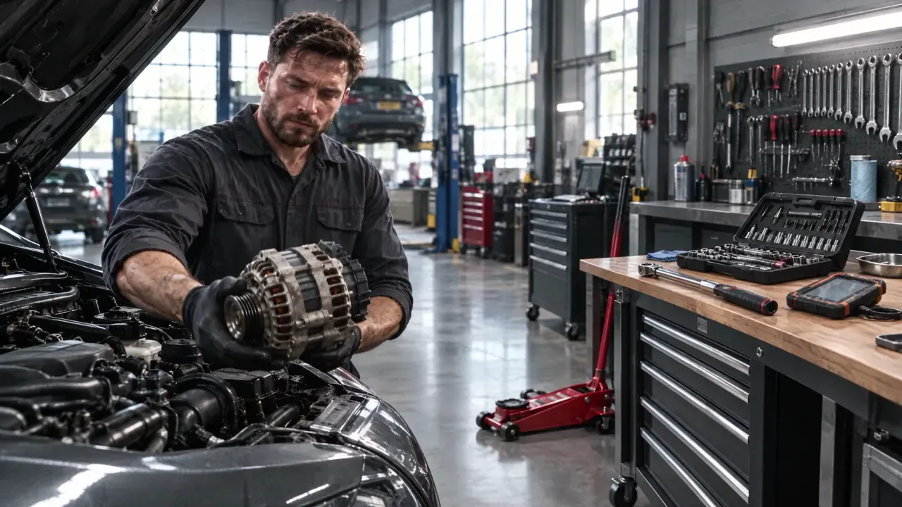 Illustrative mechanic inspecting an alternator in a garage